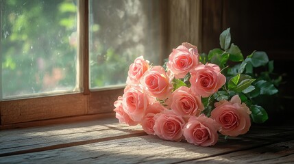 A bouquet of pink roses placed on a rustic wooden table, morning sunlight streaming through a window