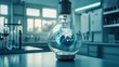 © VISUAL BACKGROUND - A light bulb with a globe inside of it sitting on a table