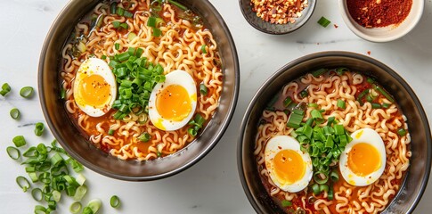 Wall Mural - Delicious ramen bowl with beef or pork and eggs served on white table. Japanese noodle soup, asian food. Restaurant menu. Flat lay, top view