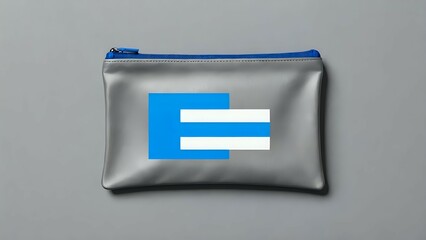 A gray zippered pouch with a blue and white design.