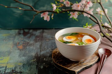 Delicious ramen bowl with beef or pork and eggs served on blue wooden table. Japanese noodle soup, asian food. Restaurant menu. Banner with copy space