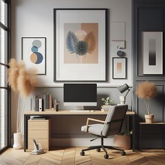 Desk with computer and chair in front of window creative