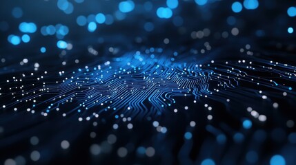 Aufkleber - Abstract digital circuit technology background in blue. High-tech electronic motherboard with data connection lines and glowing dots.