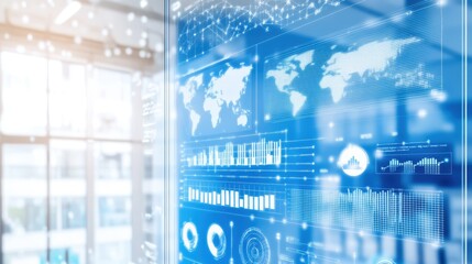 Leinwandbilder - Abstract digital world map and financial data visualization in a modern futuristic office environment.