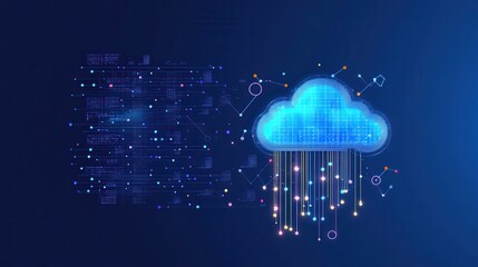 Fototapete - Abstract image of cloud computing concept with digital network connections and data storage on a blue background, futuristic technology illustration.