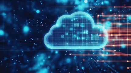 Fototapete - Abstract representation of cloud computing technology with a digital cloud and data flow on a blue background. Futuristic and innovative concept.