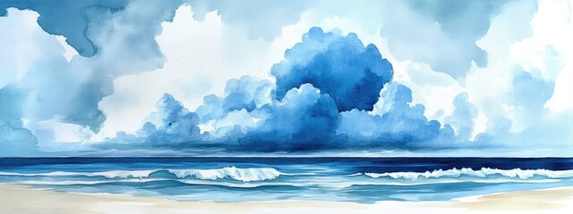 Watercolor depiction of a blue cloud over a beach with waves