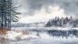 © AbstractAI - Watercolor artwork depicting a winter lake under overcast skies