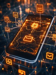 Fototapete - A smartphone with glowing holographic icons representing various applications, showcasing modern technology connectivity and communication.