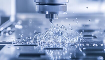Poster - Close-up of a CNC machine in operation cutting metal with cooling liquid, showcasing precision engineering and industrial technology.