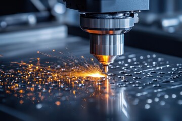 Poster - Close-up of a CNC machine performing a cutting operation with sparks flying from the metal surface in an industrial setting.