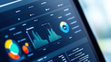 Poster - Close-up of a computer screen displaying analytics and data visualization with various charts, graphs, and metrics in a dashboard interface.