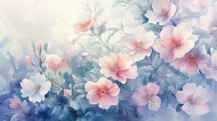 Realistic watercolor illustration of a natural floral background featuring beautiful flowers