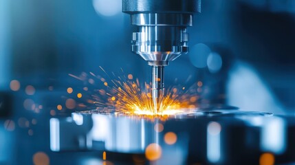 Poster - Close-up of CNC milling machine cutting metal with sparks, showcasing precision engineering and advanced manufacturing technology.