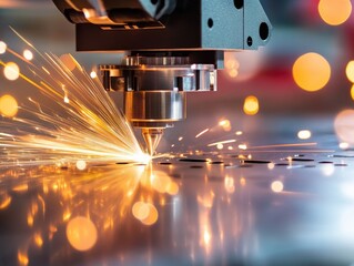 Poster - Close-up of industrial laser cutting machine with bright sparks. Precision engineering and manufacturing technology.