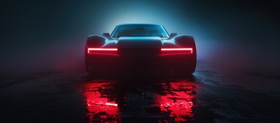 Wall Mural - A front view of the car, with its headlights illuminated in red and blue neon lights The background is dark gray, creating an atmosphere that emphasizes the silhouette of the vehicle Generative AI