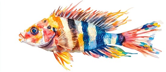 Pseudotropheus zebra cichlid Unique ornamental fish depicted in a watercolor style on a white backdrop