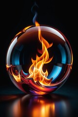 A glass sphere with fire inside isolated on a dark background, vertical composition