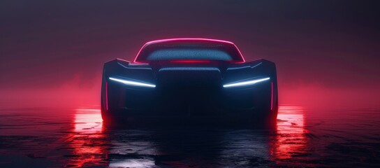 Wall Mural - A front view of the hood and headlights of an electric sports car with neon lights on, illuminated in a dark red light Generative AI