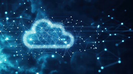 Fototapete - Digital cloud network concept, illustrating cloud computing technology with a glowing cloud icon in a connected data environment.
