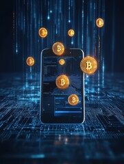 Aufkleber - Digital cryptocurrency Bitcoin concept with blockchain mobile phone, futuristic technology background, secure online financial transaction.