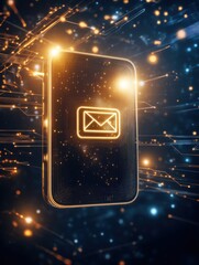 Aufkleber - Digital glowing envelope on futuristic mobile device, representing email communication and technology in a dynamic network background.