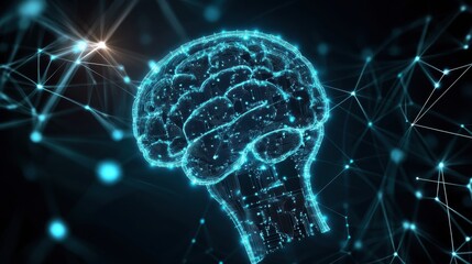 Fototapete - Digital representation of a brain with blue neural connections and a star-like glow, showcasing artificial intelligence and futuristic technology.