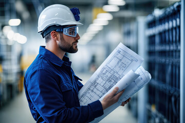 Wall Mural - Industrial engineer wearing hard hat and safety glasses examining blueprints in factory