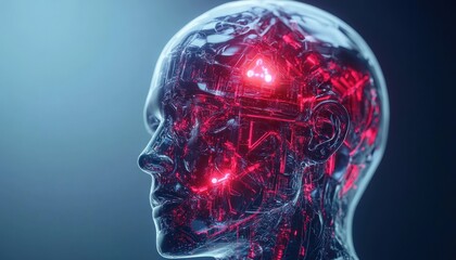 Fototapete - Futuristic depiction of an artificial intelligence brain with glowing red circuits in a transparent head. Technological innovation concept.