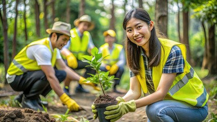 Smiling volunteer in a yellow vest helps locals plant trees in a lush Asian forest, symbolizing community service and environmental conservation efforts.