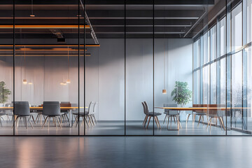 Wall Mural - Glass office interior with meeting table and coworking space, panoramic window