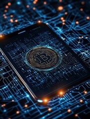 Aufkleber - Futuristic digital cryptocurrency concept, featuring Bitcoin symbol on a smartphone, connected to a complex network of blue neon circuits.
