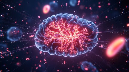 Fototapete - Futuristic illustration of a glowing, interconnected brain representing neural networks, artificial intelligence, and advanced digital technology.
