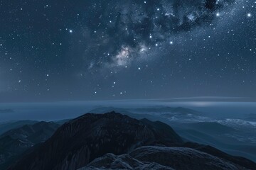 A starry night sky over a mountain landscape with clouds and a dark valley, capturing the beauty of nature and the cosmos