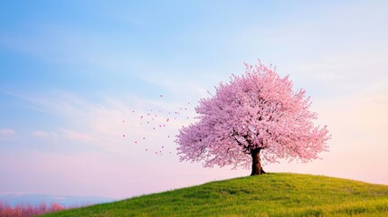 Sticker - Pink Cherry Blossom Tree on a Hilltop.