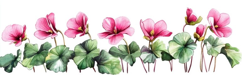 Poster - Watercolor and ink illustration of cyclamen flowers set against a white background Traditional oriental art style with a wealth themed hieroglyph