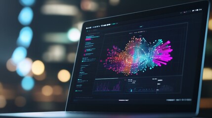 Wall Mural - Laptop displaying a vibrant data visualization dashboard at night, signifying the power of data analytics in the modern digital world.