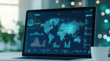 Leinwandbilder - Laptop displaying world map and data charts, depicting global connections and analytics in a modern workplace setting.
