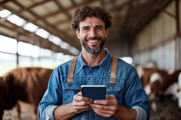 Happy farmer holding digital tablet smiling at camera in barn with cows