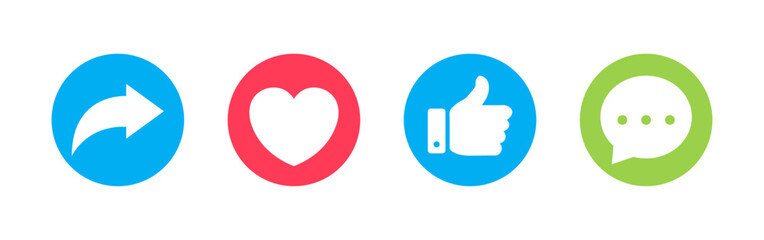 Like, Share, comment and love heart icon buttons. Social media notification vector icon set. Like icon button , thumb up icon , love and heart icon , comment icon , repost and share icon button.