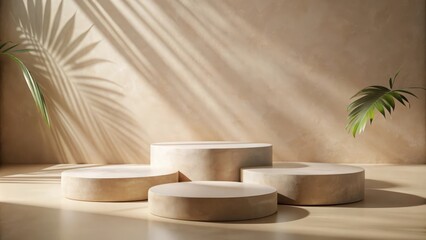 Poster - Round stone podiums in a beige room for displaying natural beauty products, stone, podium, beige, room, natural beauty