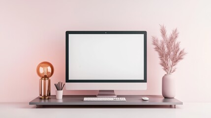 Canvas Print - Minimalist Home Office Desk with Pink Wall and Desk Lamp.