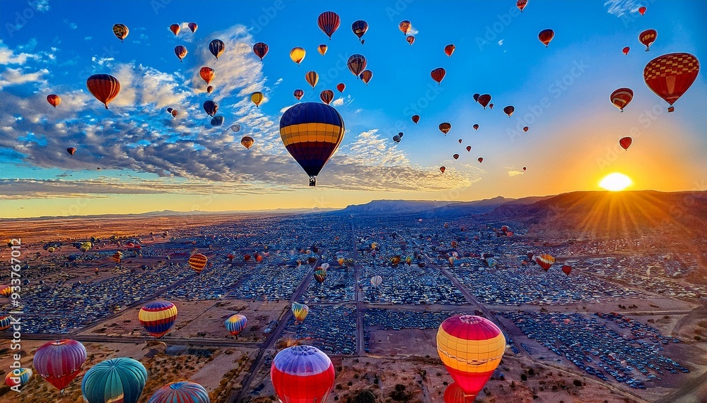 Hot Air Balloons at Sunrise - Aerial View of the Albuquerque ...
