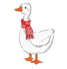 Poster - Christmas Goose in scarves simple illustration for kids design, Hand drawn vector 