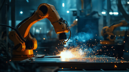 A yellow robotic arm operates in an industrial factory environment, creating a shower of sparks as it welds, showcasing advanced manufacturing technology.