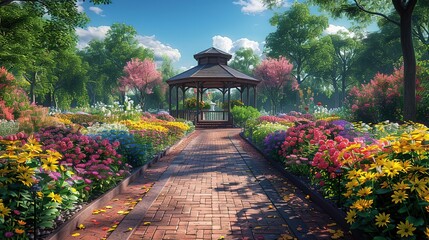 Sticker - Beautiful Spring Garden with Gazebo Illustration