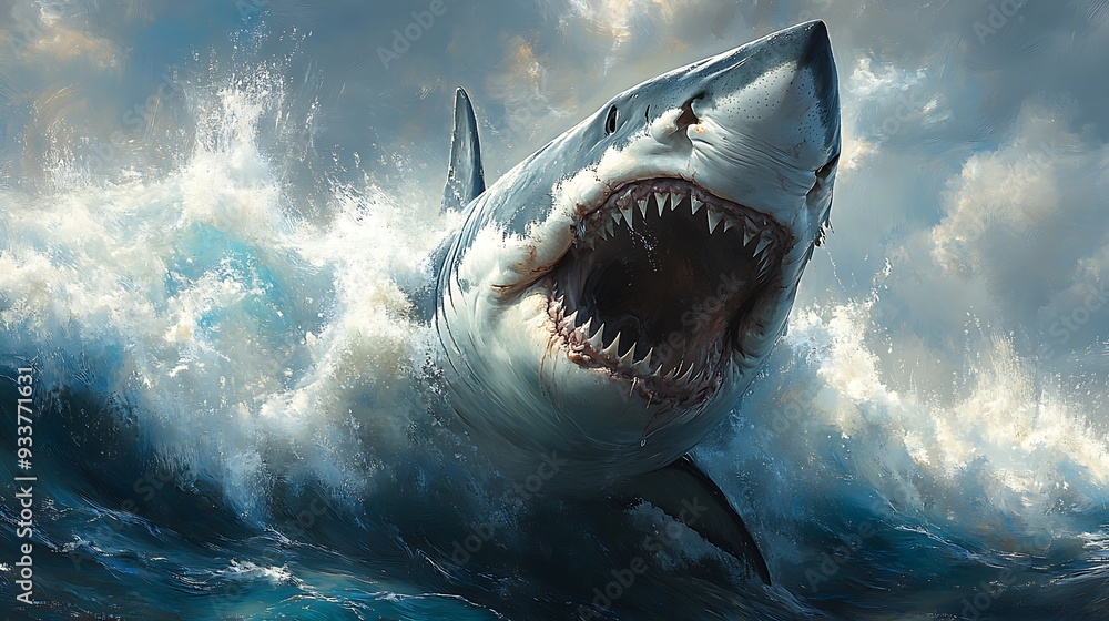 A great white shark leaps out of the water with its mouth open ...