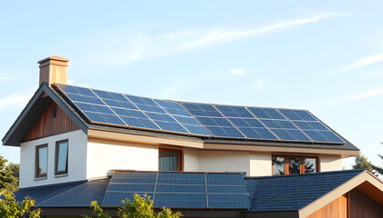 Solar panels on the roof of a beautiful modern home isolated with white highlights, png