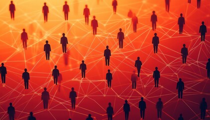 Fototapete - Silhouetted people connected by abstract network lines on a vibrant orange background, symbolizing social connections and communication.