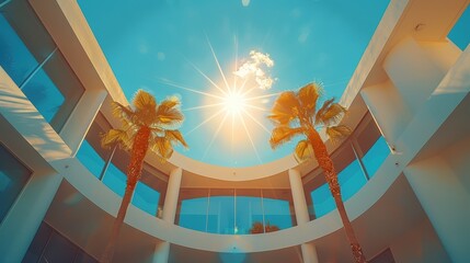 a stunning view of modern architectural design featuring tall palm trees under a bright sun against 